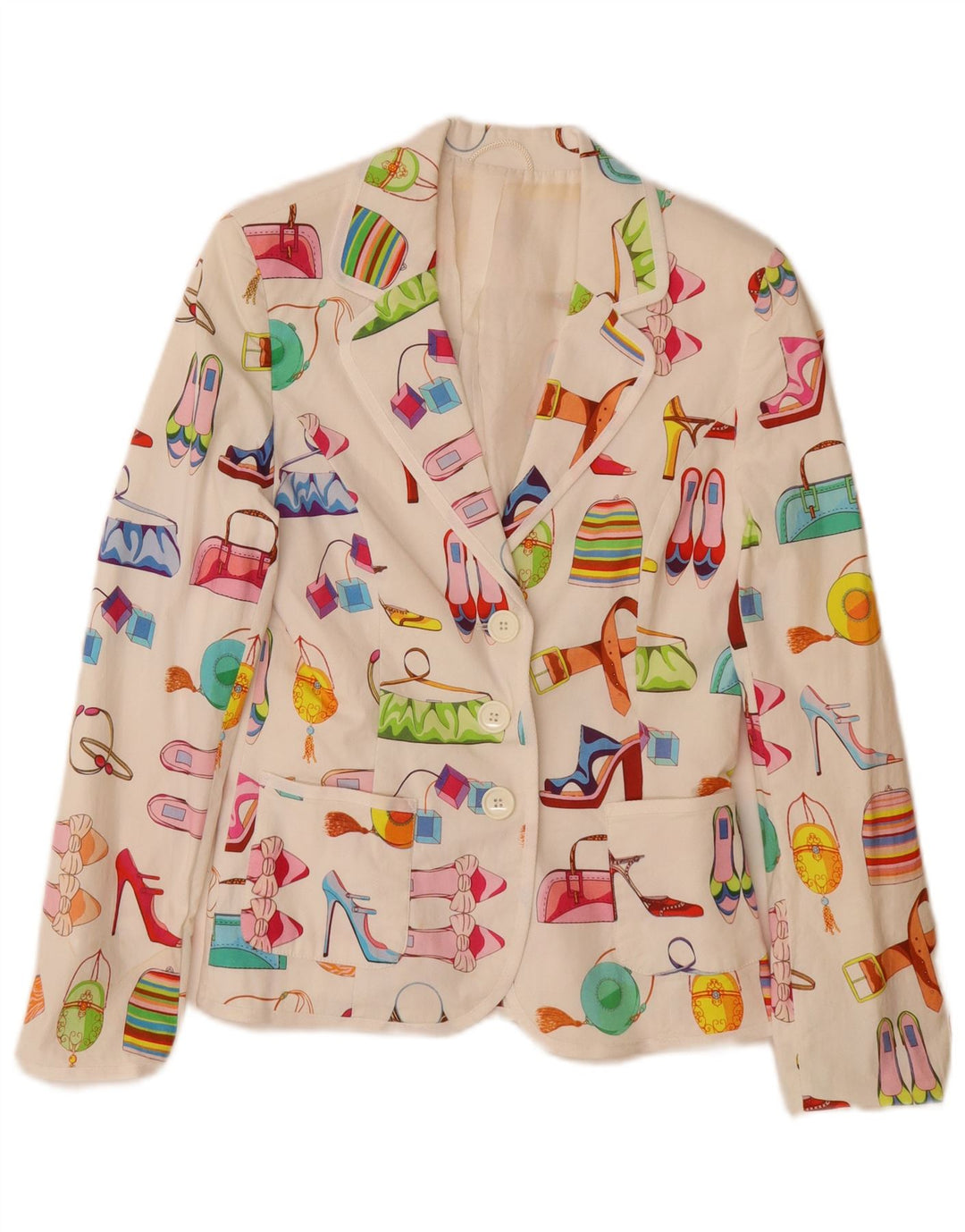 Vintage damska marynarka w abstrakcyjny wzór UK 12, średnia biała bawełna