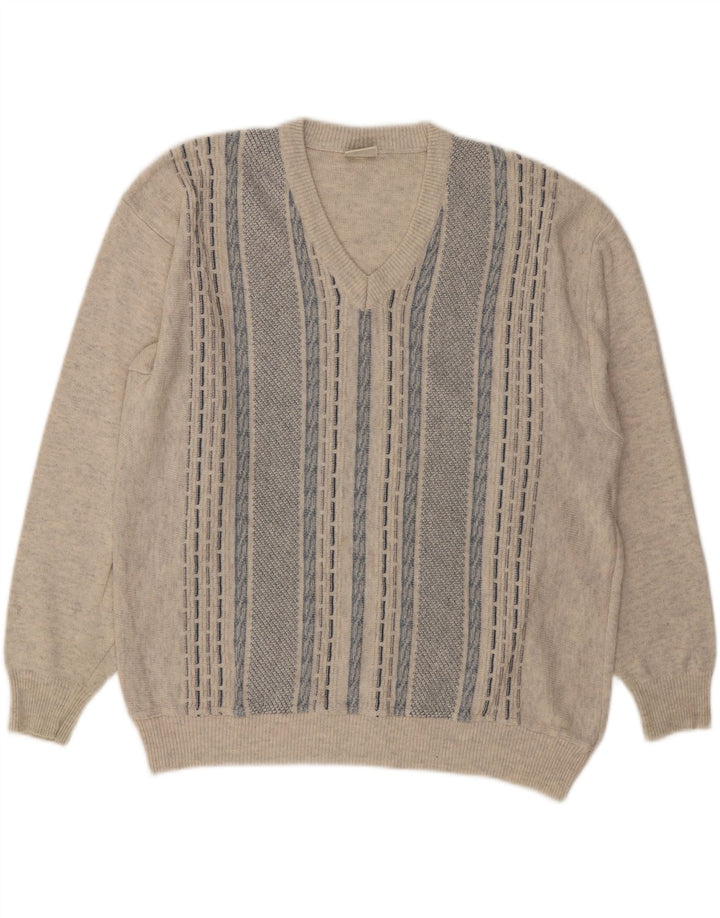 FAIRBANKS Mens V-Neck Jumper Sweater Large Grey Striped Vintage Fairbanks and Second-Hand Fairbanks from Messina Hembry 
