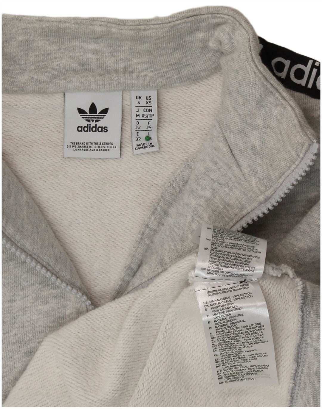 Damska bluza ADIDAS Crop Graphic z zamkiem błyskawicznym, UK 6 XS, szara bawełna