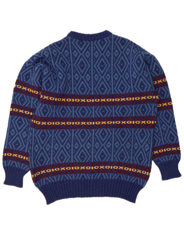 Vintage męski sweter z okrągłym dekoltem IT 54 XL niebieska geometryczna wełna alpaki