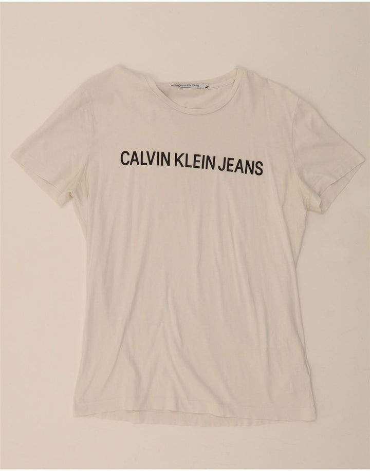 CALVIN KLEIN Mens Graphic T-Shirt Top Large White Cotton Vintage Calvin Klein and Second-Hand Calvin Klein from Messina Hembry 
