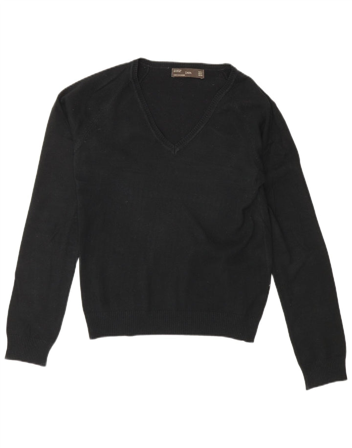 Sweter damski Zara z dekoltem w kształcie litery V, UK 12, średni czarny, bawełniany