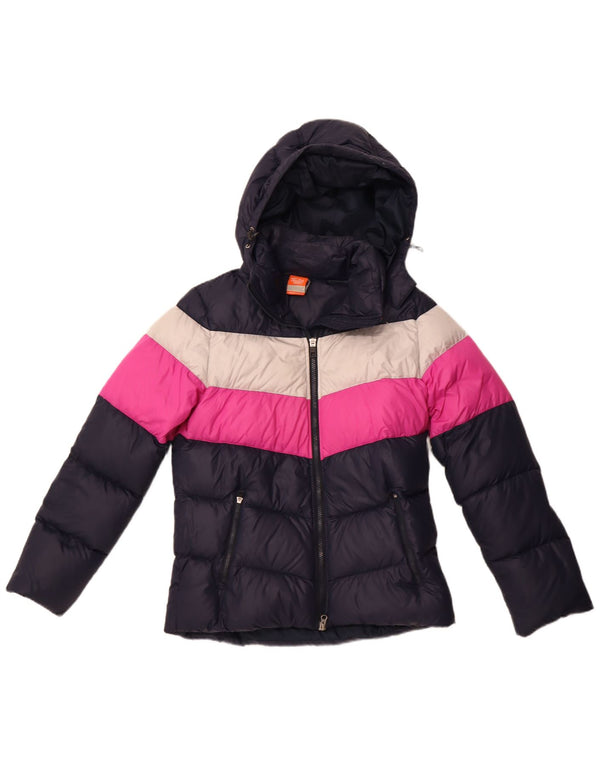 Damska wyściełana kurtka z kapturem NIKE UK 14 Średni granatowy nylon w bloki kolorów