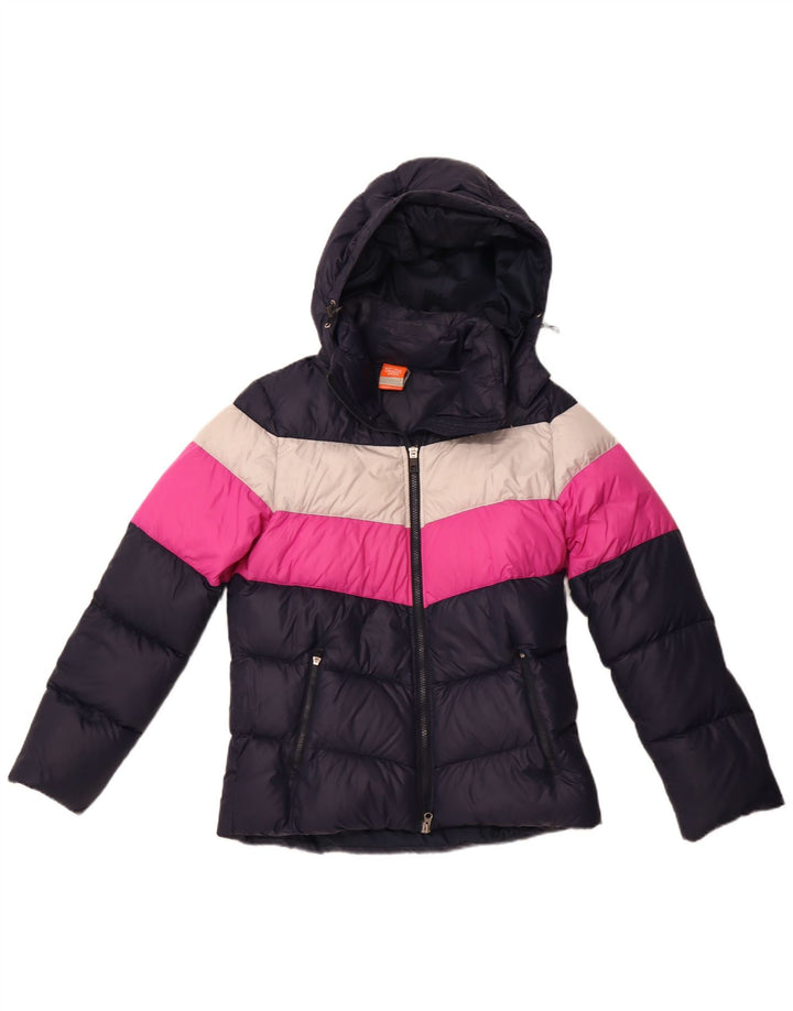 Damska wyściełana kurtka z kapturem NIKE UK 14 Średni granatowy nylon w bloki kolorów