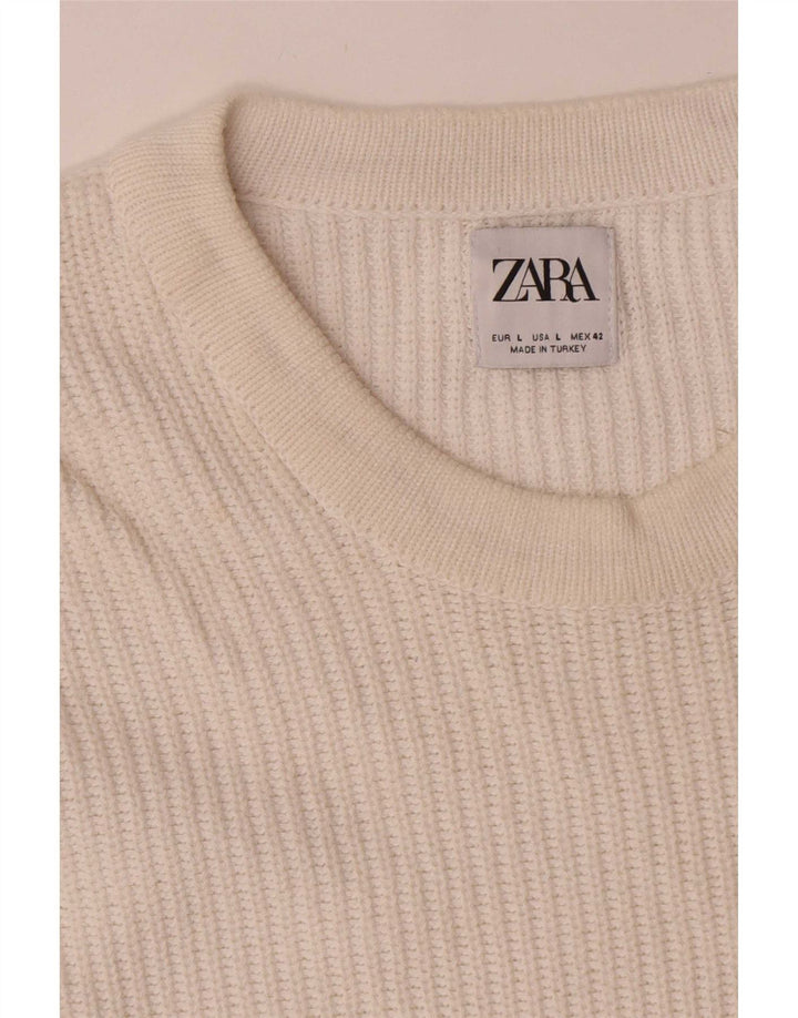 Męski sweter Zara z okrągłym dekoltem, duży, biały