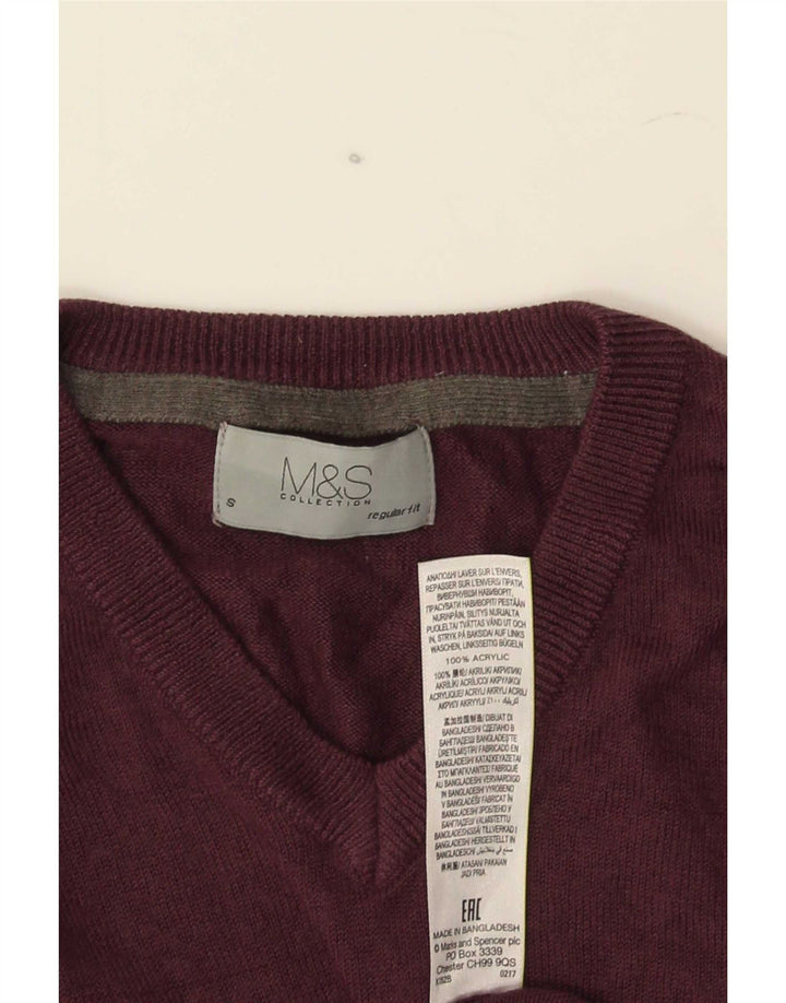 Marks & Spencer Męski sweter o regularnym kroju z dekoltem w kształcie litery V, mały, bordowy