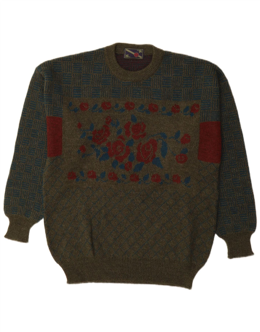 Męski sweter z okrągłym dekoltem w stylu vintage, średni khaki w kwiaty