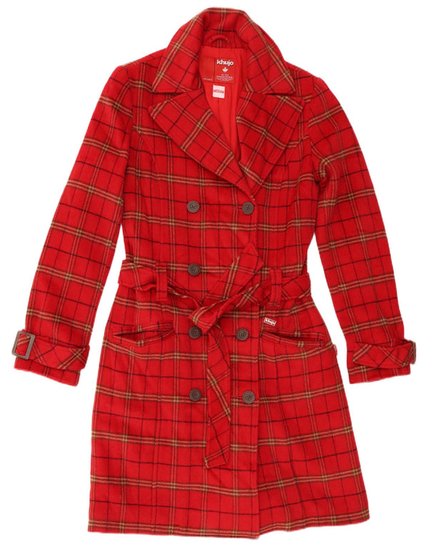 Dwurzędowy płaszcz damski KHUJO UK 12, wełniany w czerwoną kratę