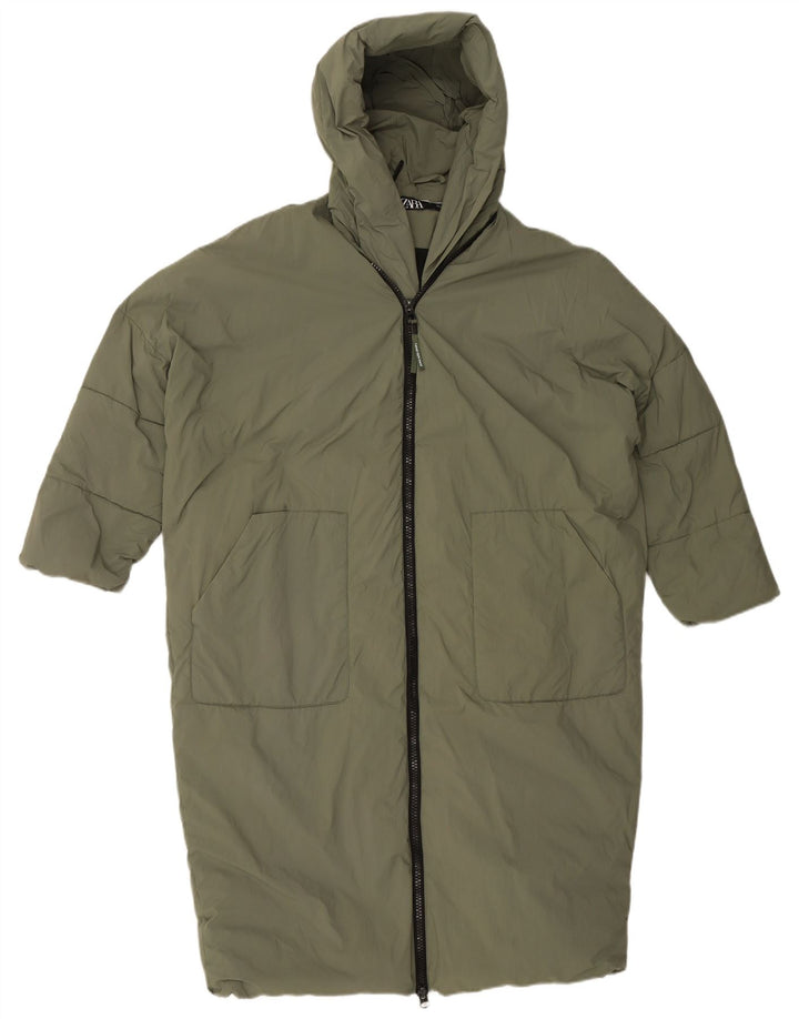 Damski płaszcz z kapturem, oversize, wyściełany Zara UK 10 Small, zielony poliamid