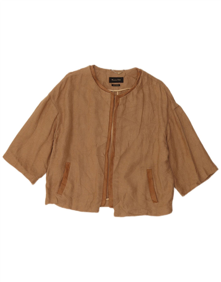 Massimo Dutti Damska marynarka z rękawami 3/4 i otwartymi, UK 16, duża, brązowa lniana