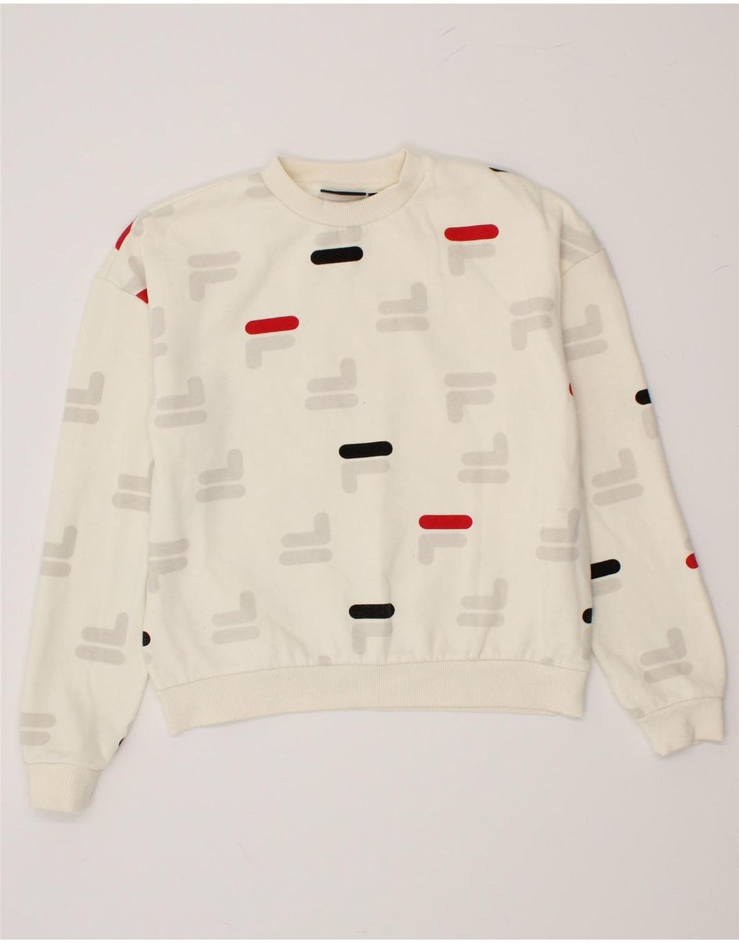 FILA Womens Graphic Sweatshirt Jumper UK 10 Small Off White Polyester Vintage Fila and Second-Hand Fila from Messina Hembry 