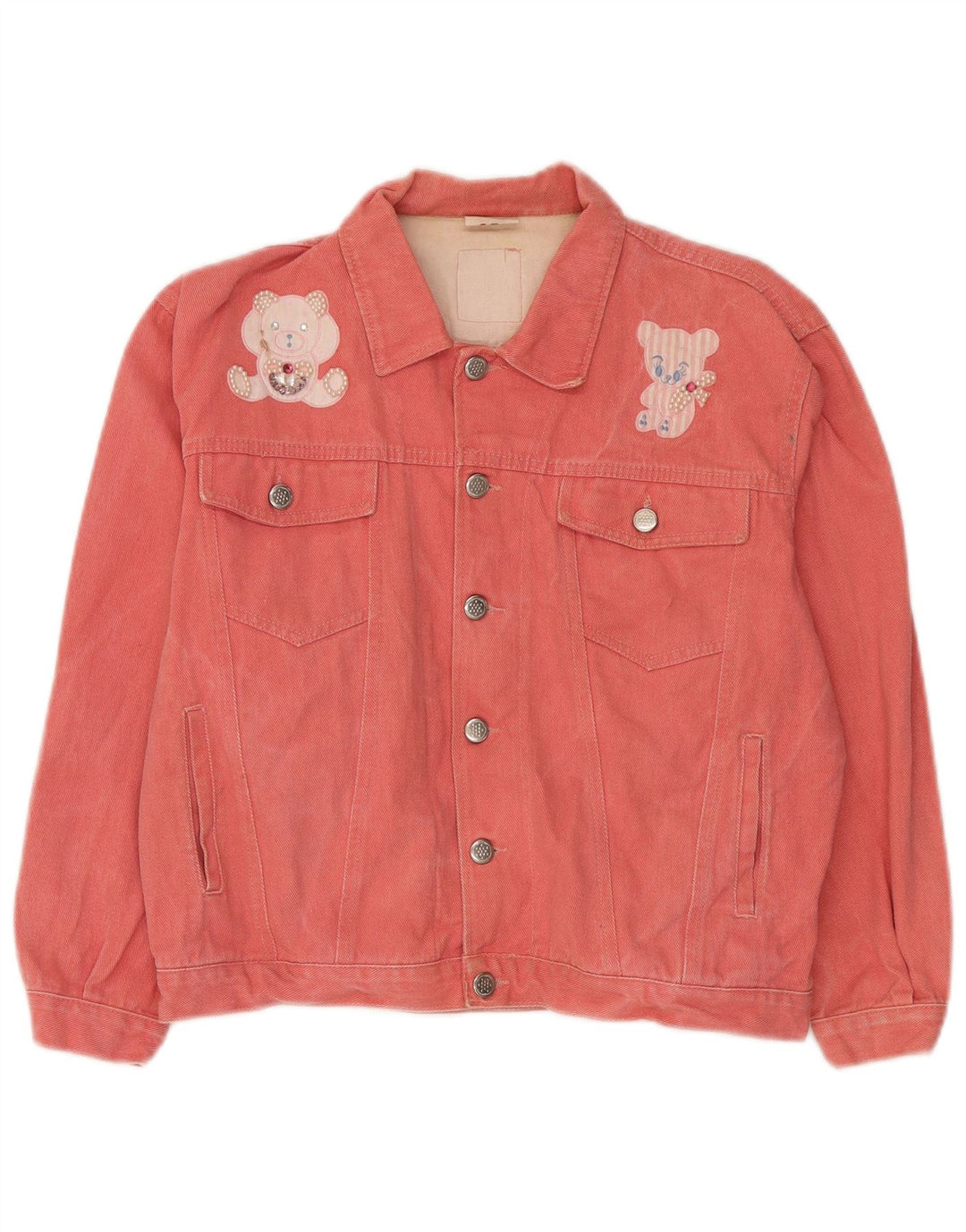 Vintage damska kurtka dżinsowa z nadrukiem pluszowego misia IT 42, średnia różowa bawełna