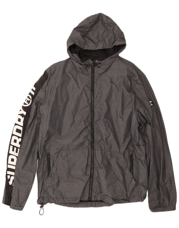 Damska kurtka przeciwdeszczowa z kapturem i grafiką Superdry UK 20 2XL Szary nylon z blokami kolorów