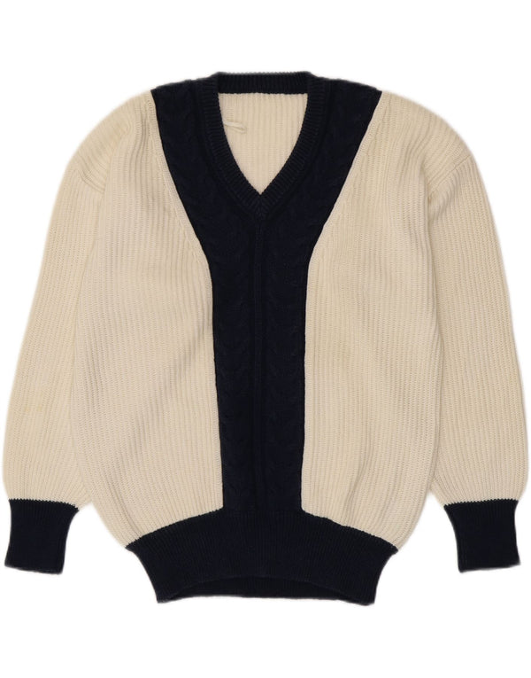 Sweter damski VINTAGE z dekoltem w kształcie litery V, UK 16, duży, biały, z blokami kolorów