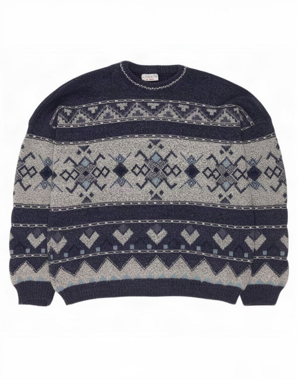 Sweter męski z okrągłym dekoltem w stylu vintage, UK 42/44, duży granatowy Fair Isle