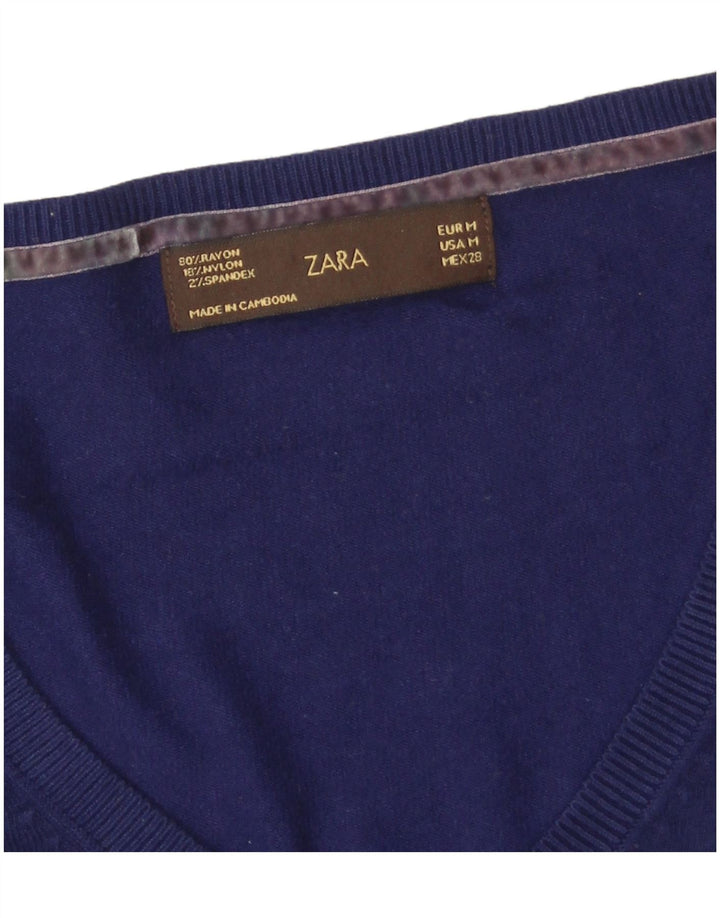 Sweter damski Zara z dekoltem w kształcie litery V, UK 12, średni granatowy sztuczny jedwab
