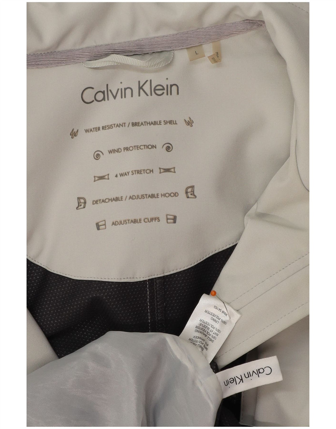Damski płaszcz wiatrówka CALVIN KLEIN z kapturem UK 16, duży, szary poliester