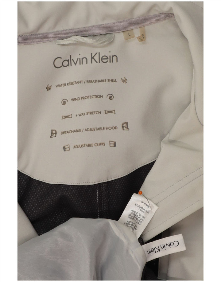 Damski płaszcz wiatrówka CALVIN KLEIN z kapturem UK 16, duży, szary poliester