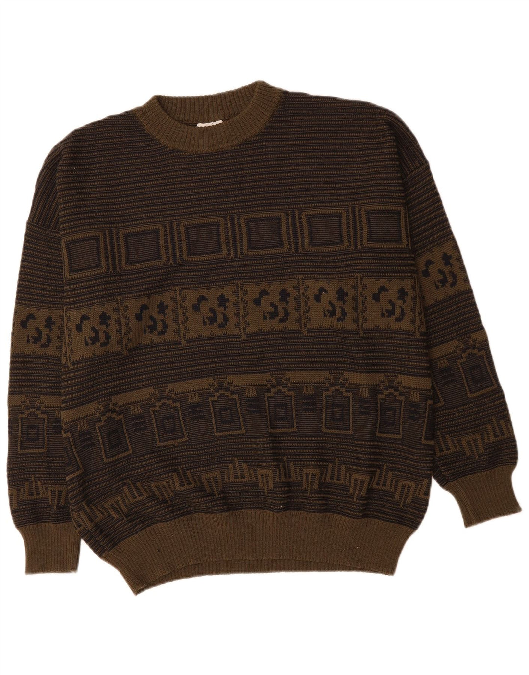 Męski sweter z okrągłym dekoltem w stylu vintage, XL Khaki, geometryczny