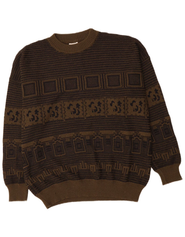 Męski sweter z okrągłym dekoltem w stylu vintage, XL Khaki, geometryczny