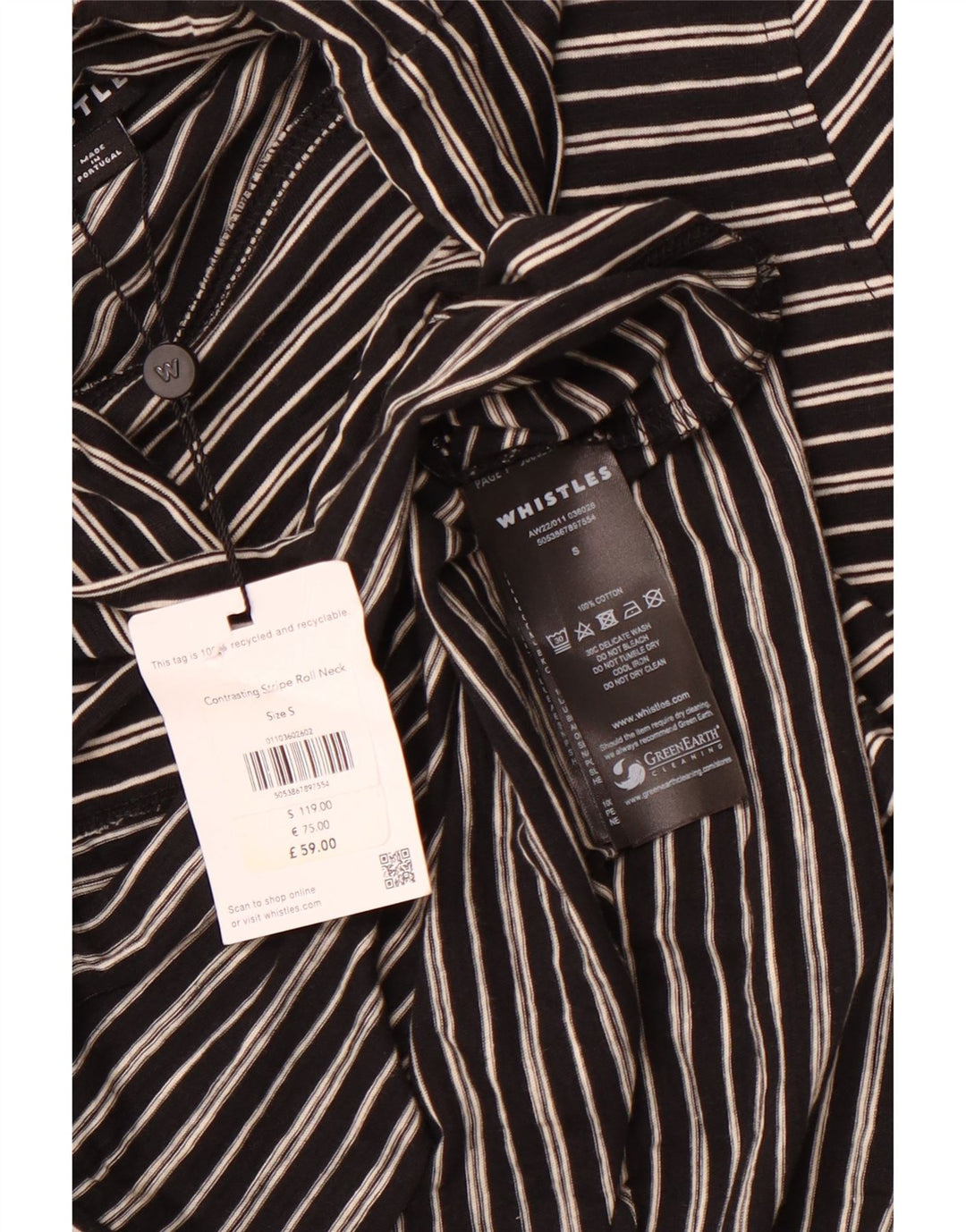 WHISTLES Damski top z golfem i długim rękawem, UK 10, małe, czarne paski, bawełna