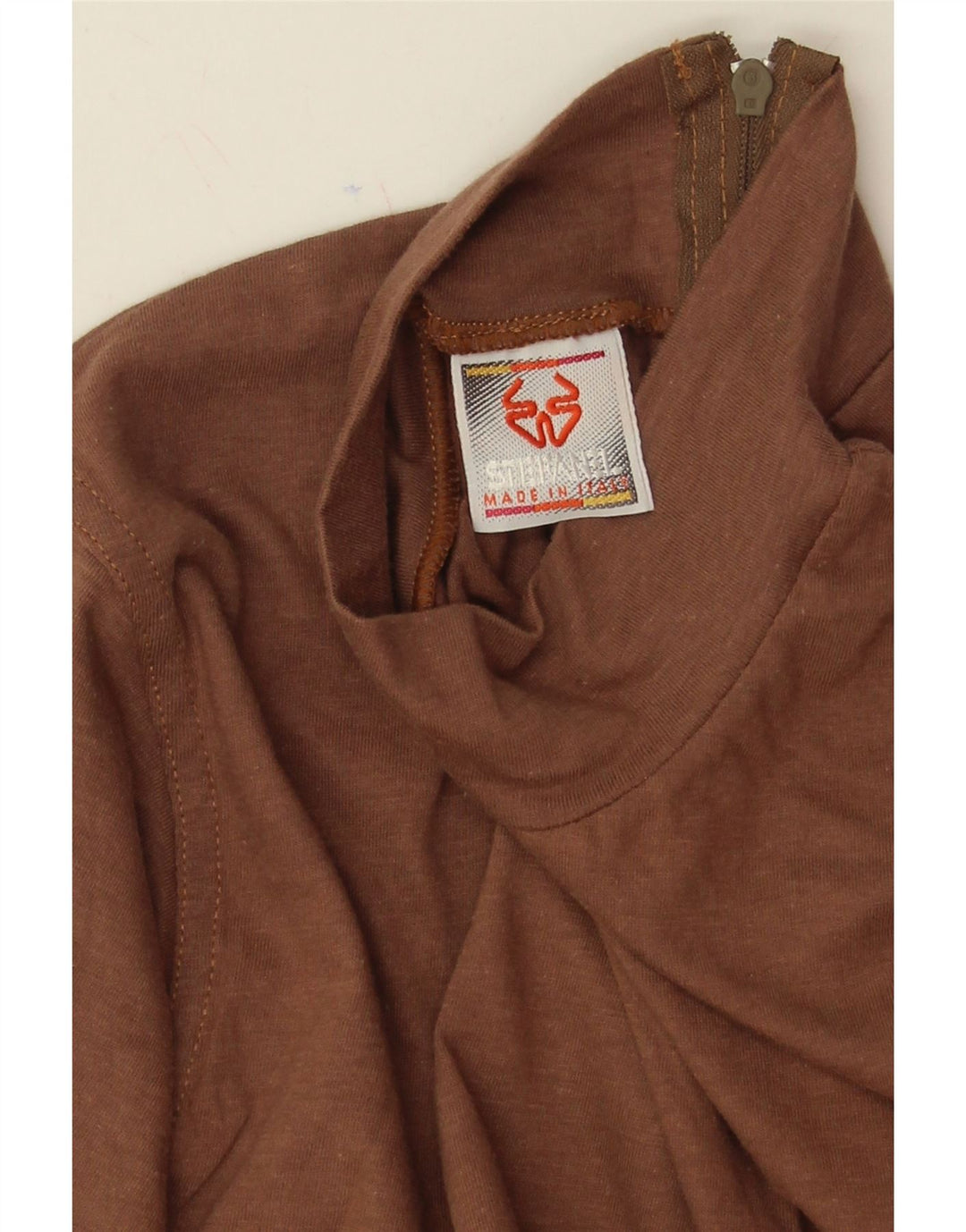 STEFANEL Womens Zip Neck Top Long Sleeve UK 14 Medium Brown Cotton Vintage Stefanel and Second-Hand Stefanel from Messina Hembry 