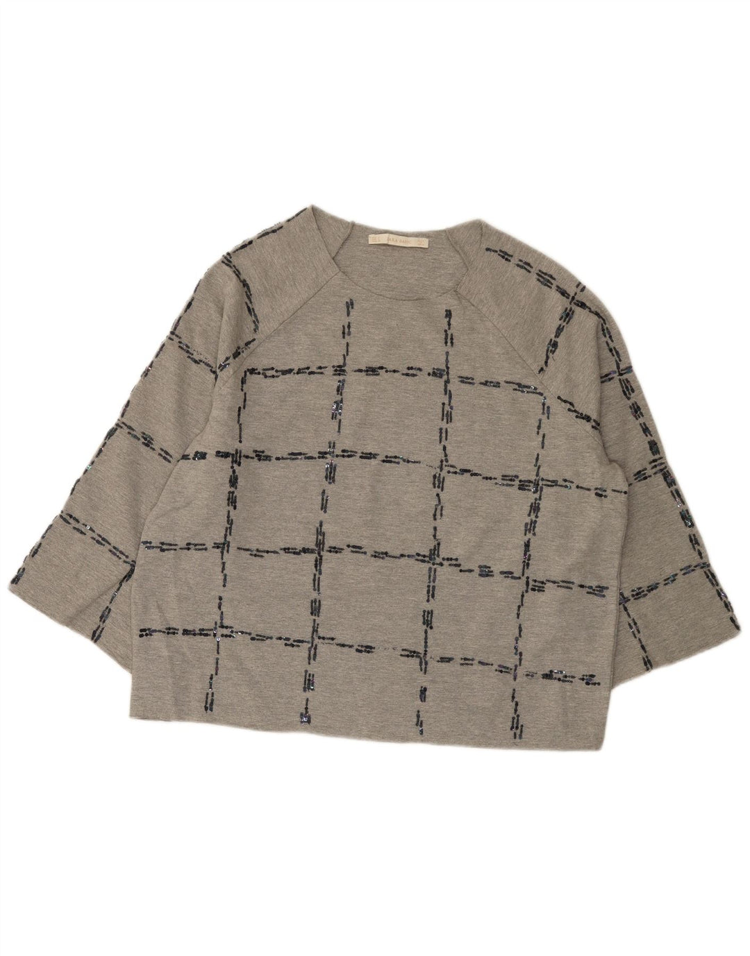 Damski top oversize Zara z rękawem 3/4, UK 14, średnia szara kratka