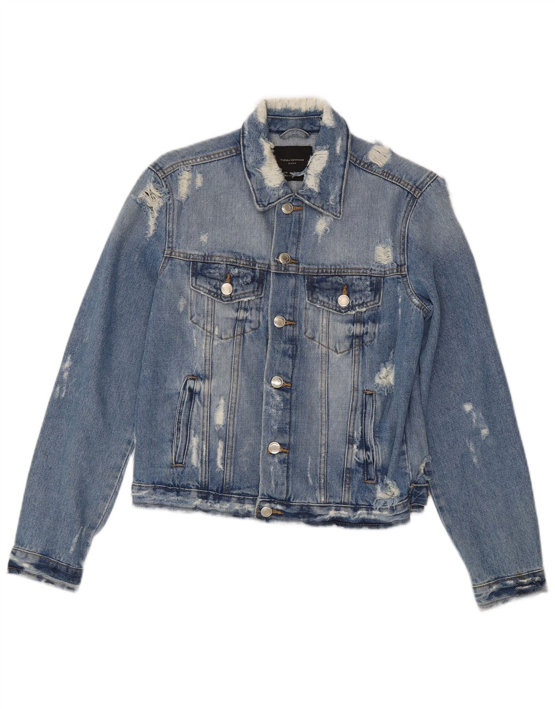 Damska kurtka dżinsowa Zara Crop Distressed UK 12, średnia niebieska, bawełniana