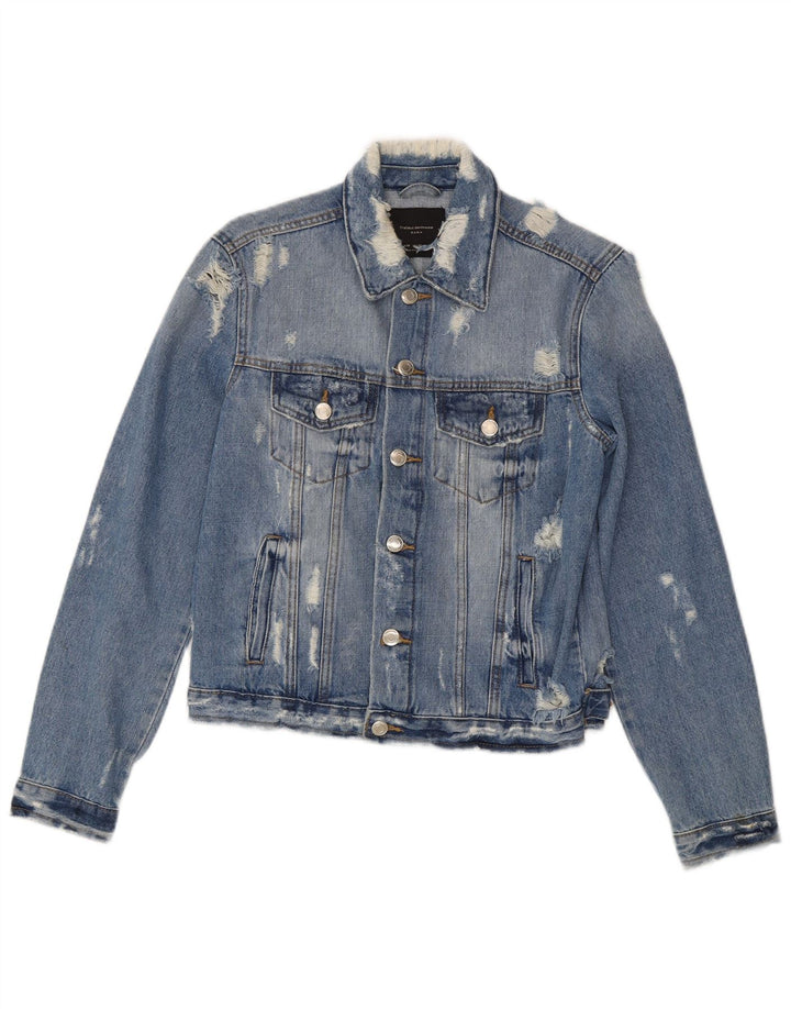 Damska kurtka dżinsowa Zara Crop Distressed UK 12, średnia niebieska, bawełniana