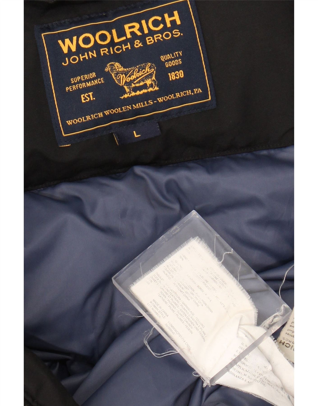 Damski płaszcz ocieplany Woolrich UK 14, duży, czarny, bawełniany