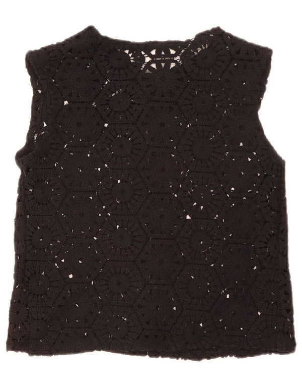 Damski kardigan w stylu vintage, krótki, szydełkowy, UK 12, średni, czarny, kwiatowy