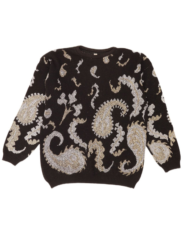 Vintage damski sweter z dekoltem w łódkę UK 14, duży czarny Paisley Retro