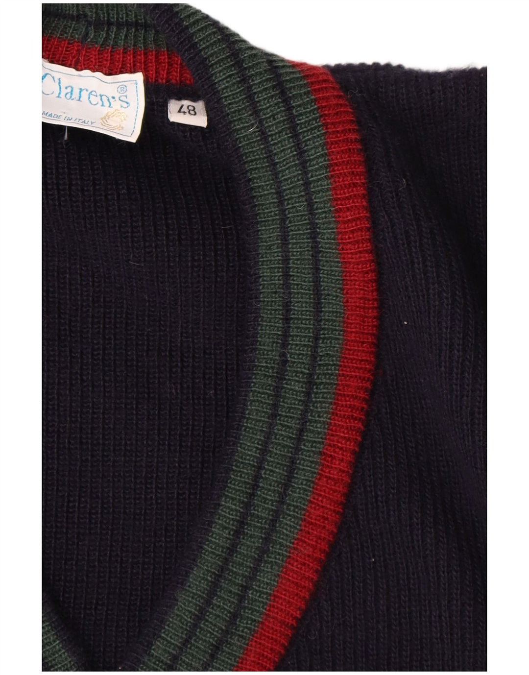 Vintage męski sweter rozpinany IT 48 średni granatowy wełniany w paski