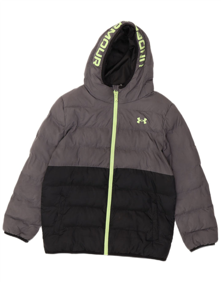 Chłopięca wyściełana kurtka z kapturem Under Armour z graficznym wzorem, 12-13 lat, szara, z blokami kolorów