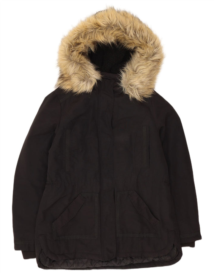 Damska kurtka parka z kapturem Monsoon UK 14, duża, czarna, bawełniana