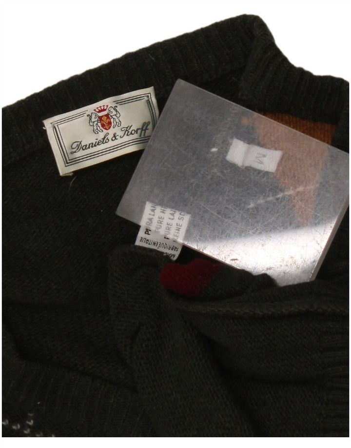 VINTAGE Męski sweter z dekoltem w kształcie litery V, średnio zielony Argyle/diamentowa nowa wełna