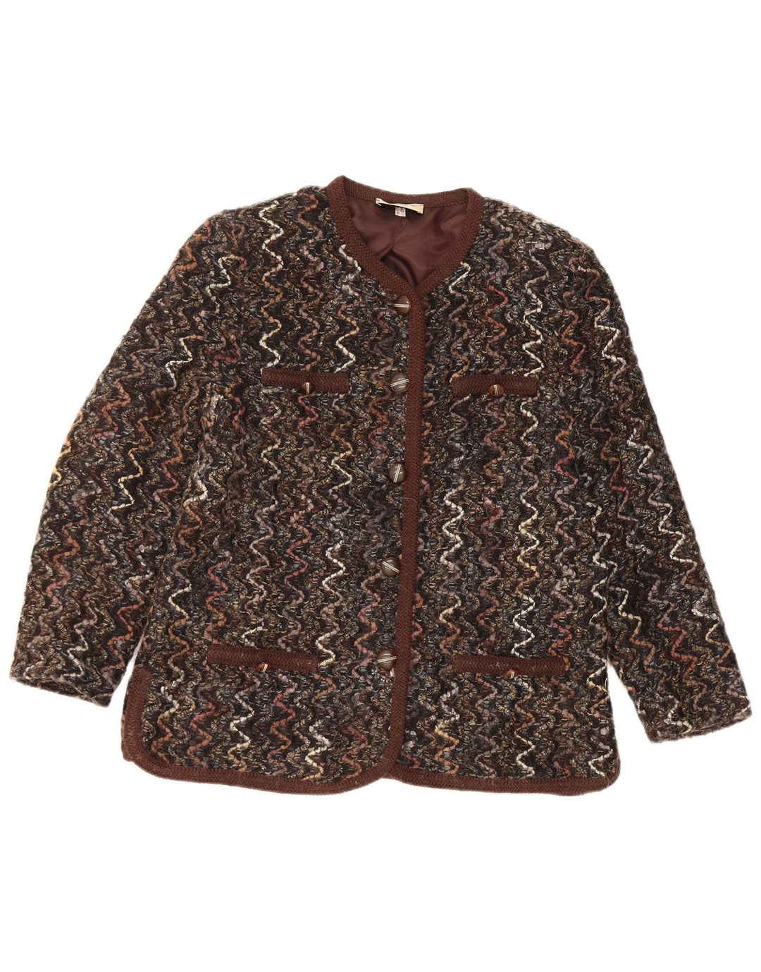 Damska marynarka zapinana na 5 guzików Maglificio UK 16, duża brązowa wełna Chevron