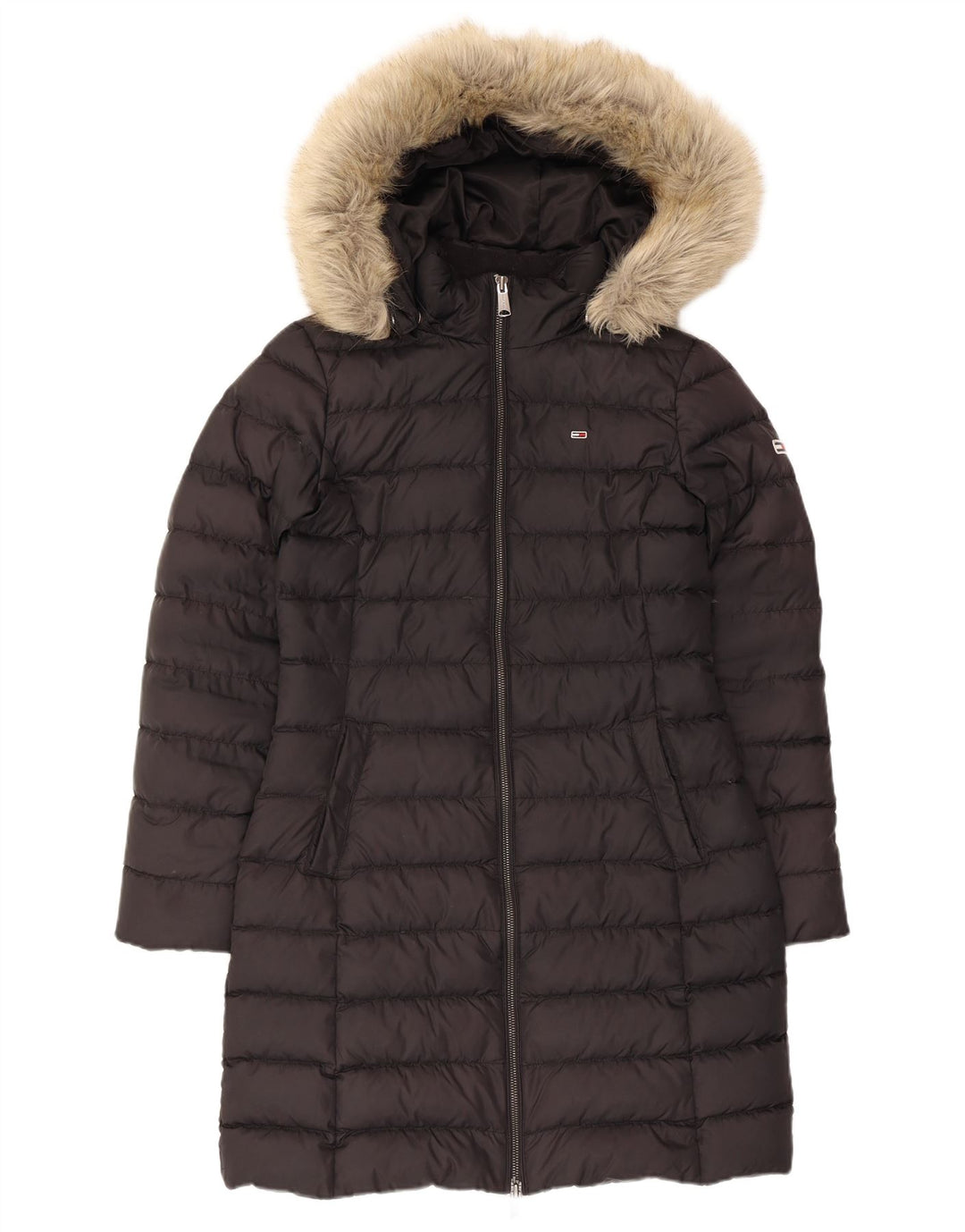 Damski ocieplany płaszcz z kapturem Tommy Hilfiger UK 10, mały, czarny poliester