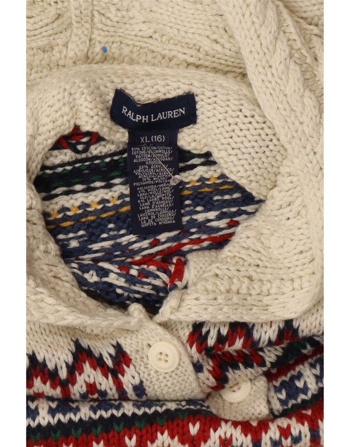 RALPH LAUREN Dziewczęcy sweter z kapturem, 15-16 lat, XL, biały, bawełniany Fair Isle