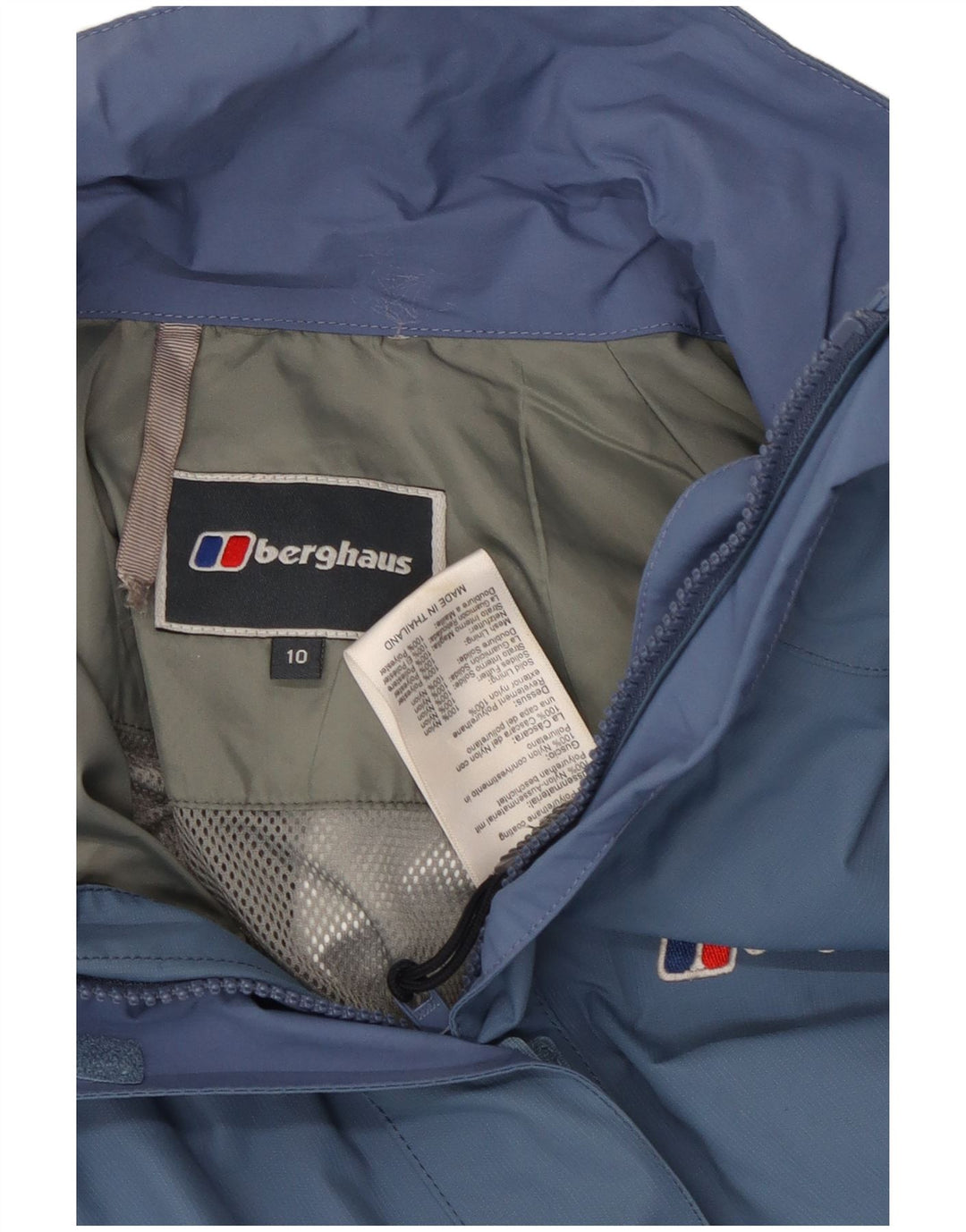 Damska kurtka przeciwdeszczowa z kapturem BERGHAUS UK 10, mały, niebieski nylon w bloki kolorów