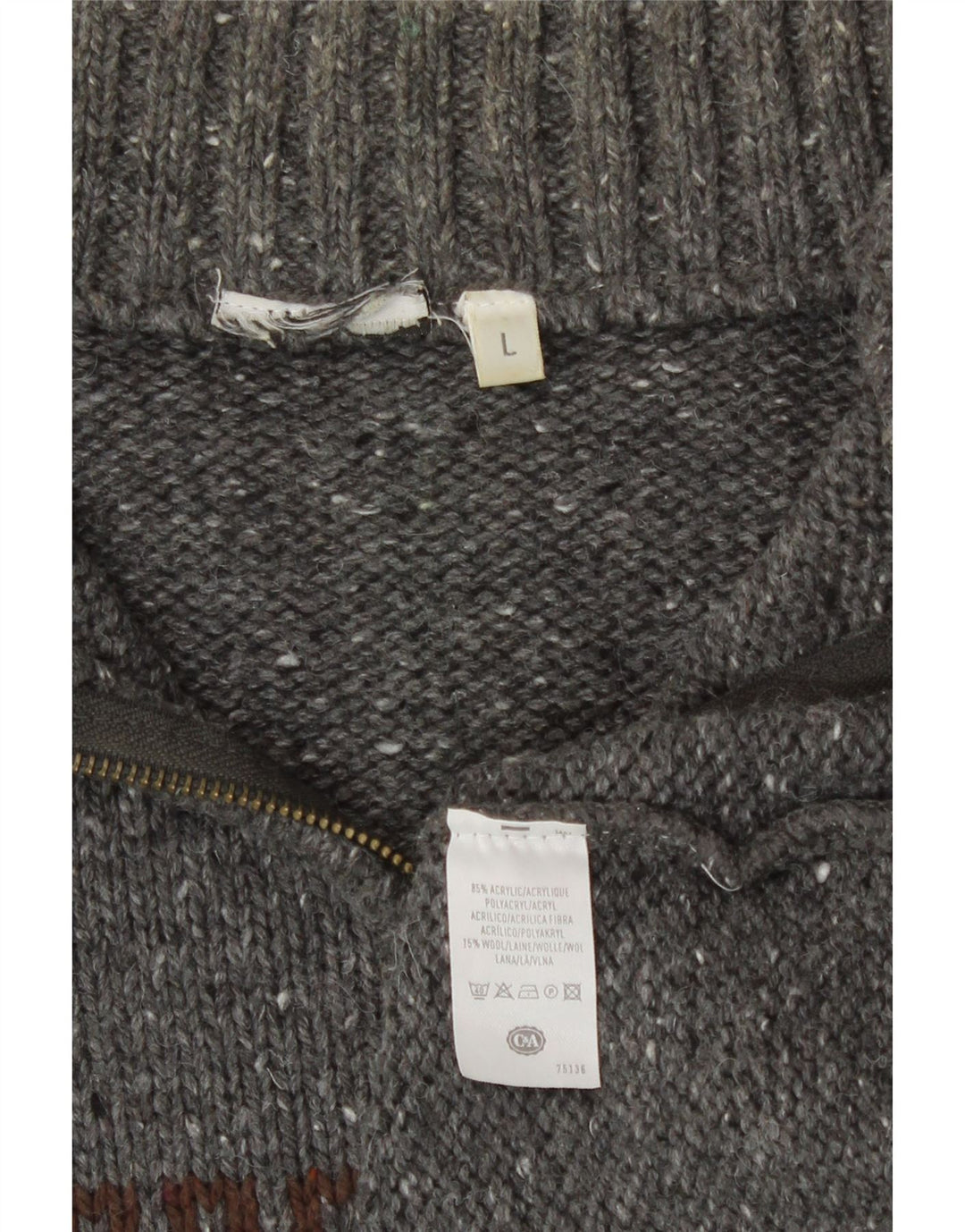 Męski sweter C&A z zamkiem błyskawicznym, duży, szary, akryl Fair Isle