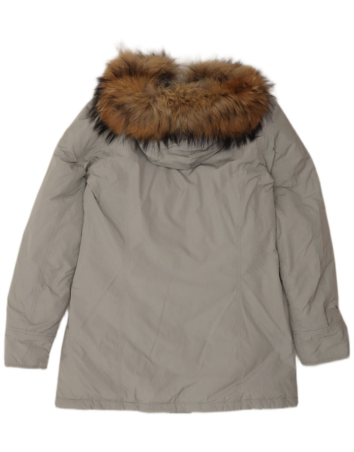 Damska kurtka parka z kapturem Woolrich UK 16, duża, szara, poliestrowa, zimowa
