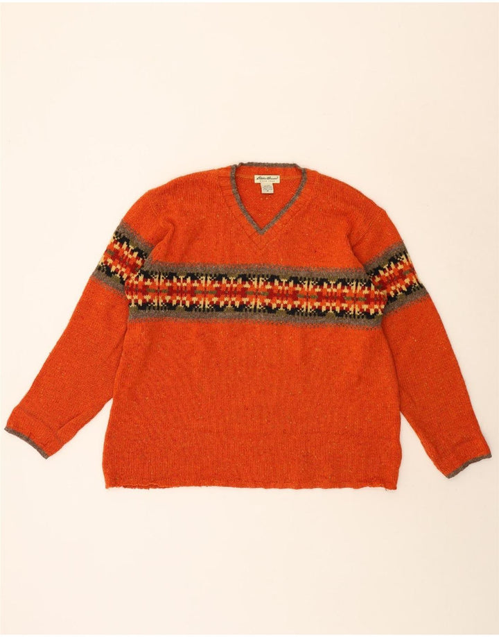 Męski sweter Eddie Bauer z dekoltem w kształcie litery V, średni pomarańczowy, wełniany Fair Isle