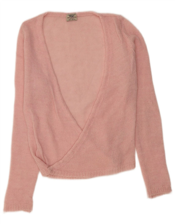 Sweter damski w stylu vintage z dekoltem w kształcie litery V, UK 12, średni róż