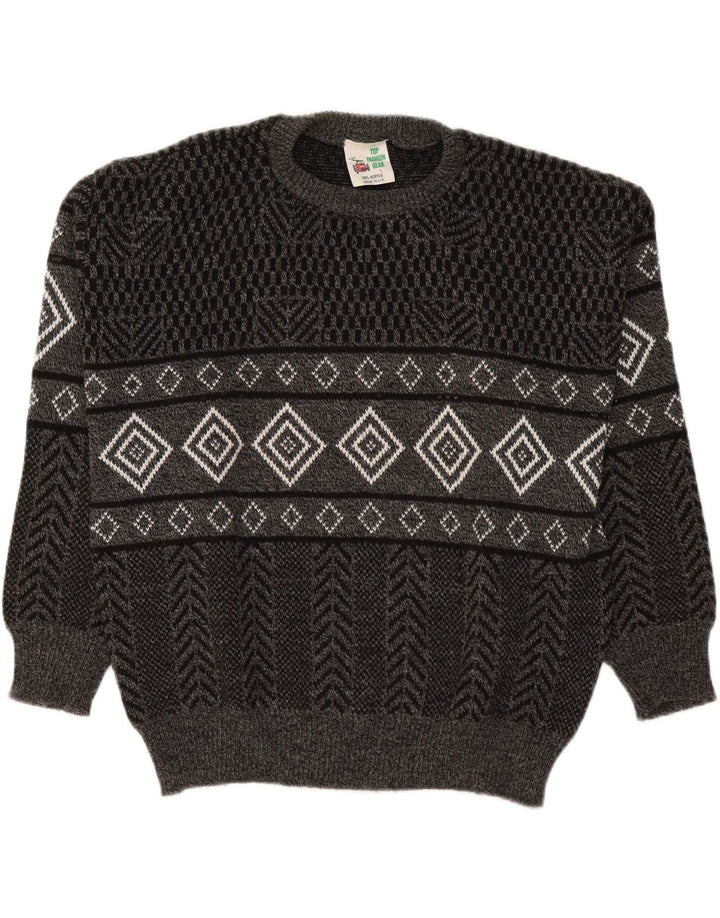 Vintage męski sweter z wycięciem pod szyją, duży, szary Argyle/diamentowy akryl