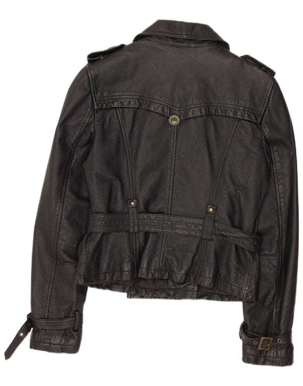 SPECCHIO Damska krótka skórzana kurtka wojskowa UK 12, średnia czarna skóra