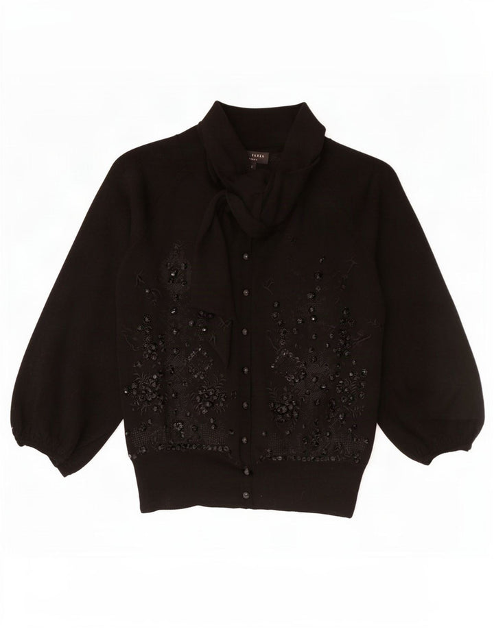 Damski sweter rozpinany Ted Baker z rękawem 3/4, rozmiar 2, mały, czarny w kwiaty