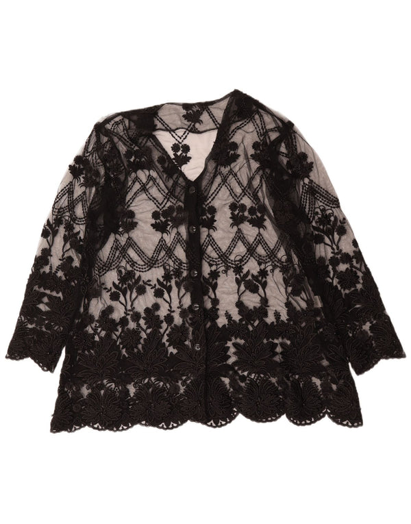 Koronkowy damski sweter w stylu vintage, prześwitujący top UK 14, duży, czarny w kwiaty