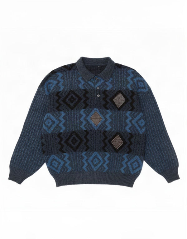 Vintage męski sweter polo z dekoltem w serek, duży granatowy, geometryczny wełniany