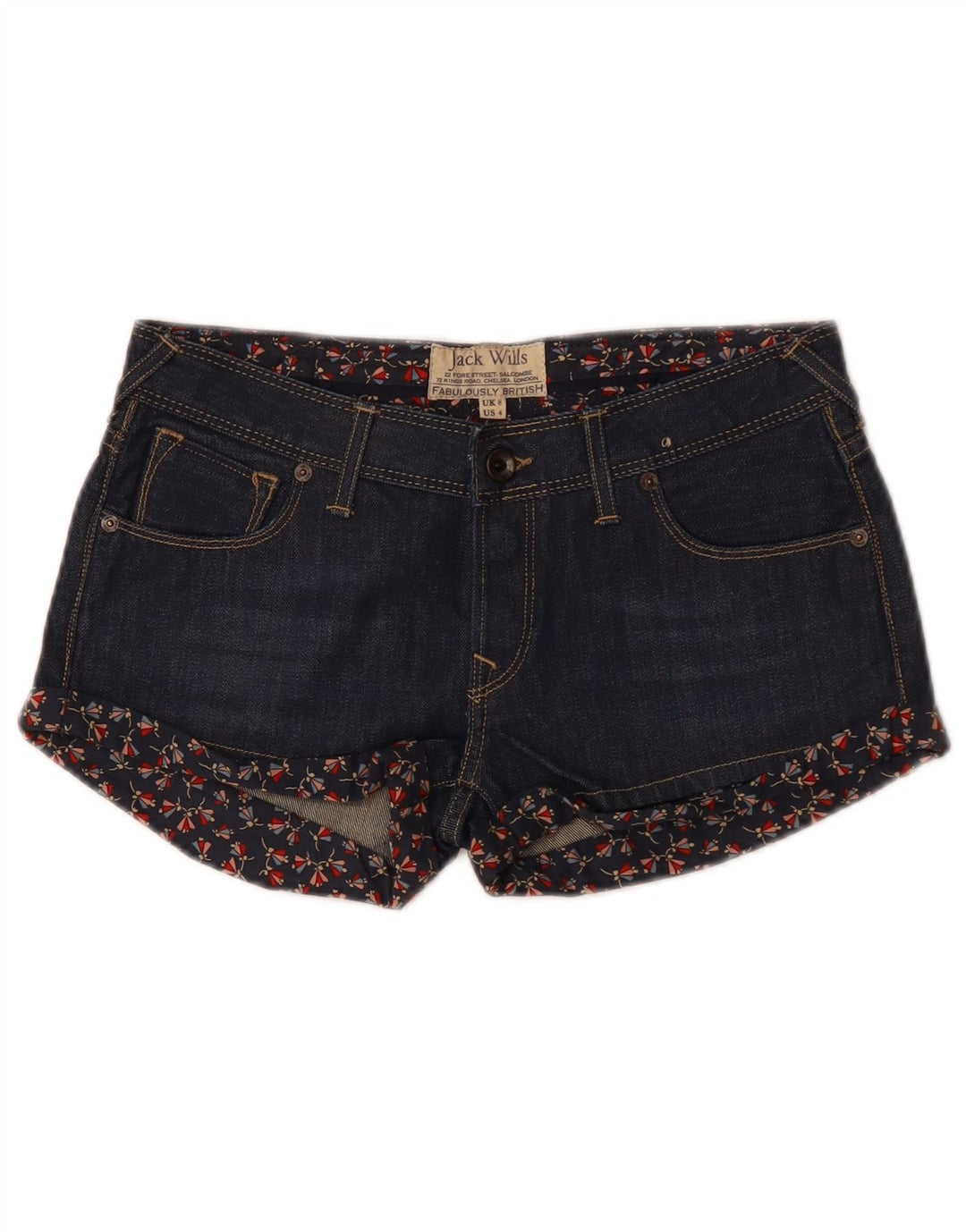 Damskie spodenki jeansowe JACK WILLS UK 8 Small W28 Granatowe kwiaty
